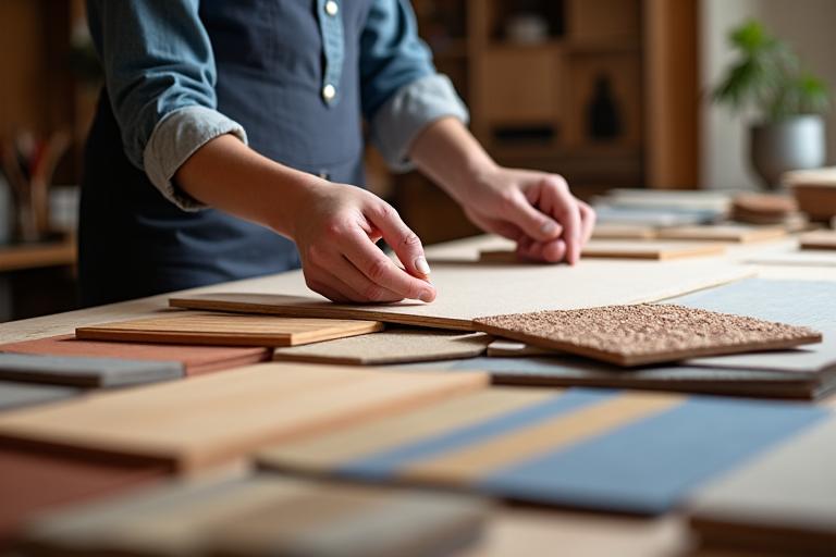 Designer che seleziona campioni di legno e tessuto per un mobile su misura