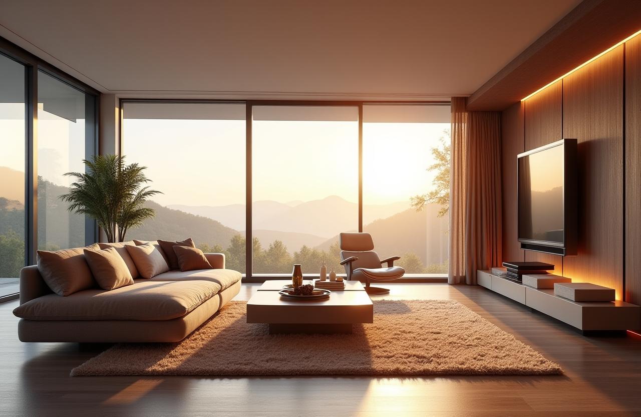Elegante salotto moderno con divano di design e vista panoramica