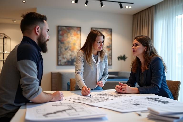 Interior designer che presenta un progetto d'arredo a un cliente nel nostro showroom a Pisa