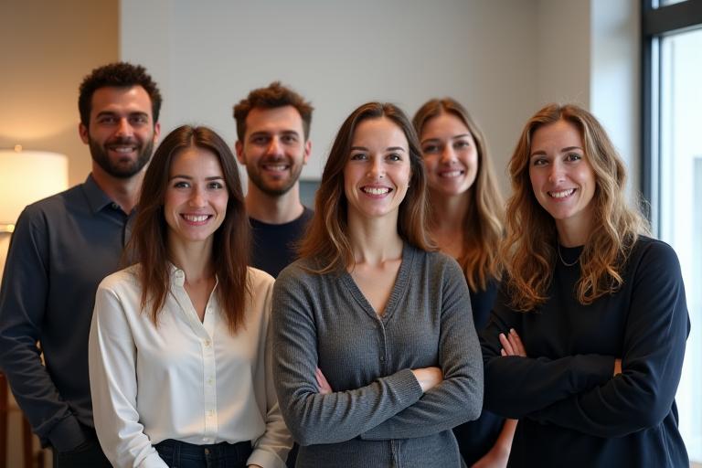 Il team di Mobili Moderna sorridente all'interno dello showroom di design