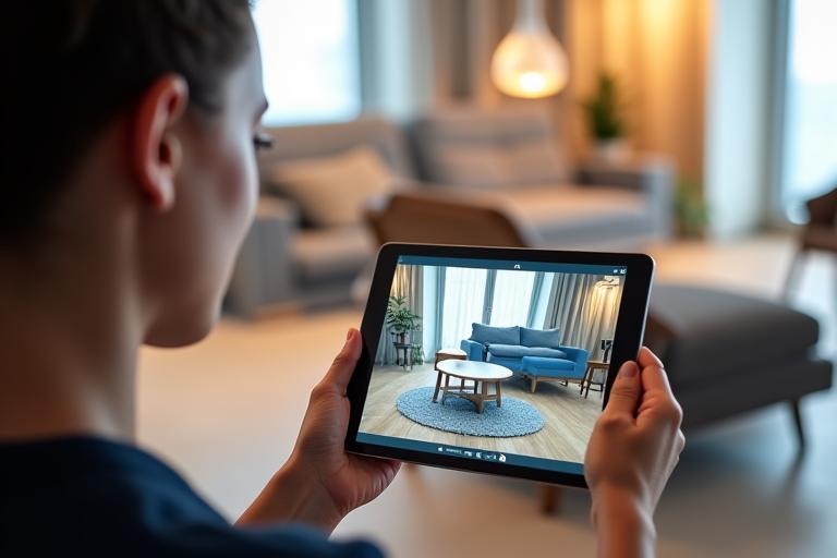 Una persona utilizza un tablet per visualizzare un mobile in 3D mentre si trova nello showroom