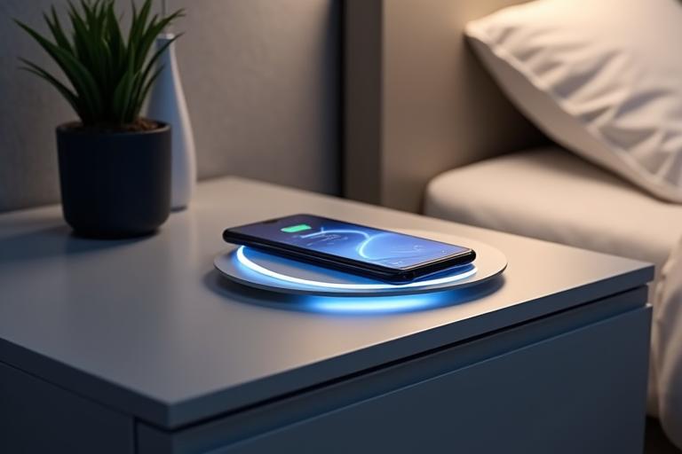 Un comodino moderno con una superficie di ricarica wireless per smartphone